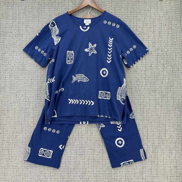 Jostar Top & Pants Set Vtg Womens XL Navy Blue Fish Star Pattern Short Sleeve. - Picture 2 of 10